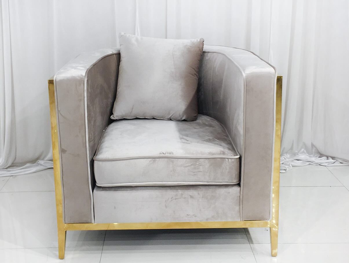 Gray velvet armchair with gold frame and a matching pillow in a white room.