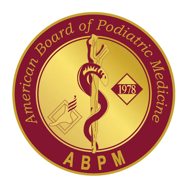 American Board of Podiatric Medicine logo: gold and burgundy seal with caduceus, foot graphic, and 