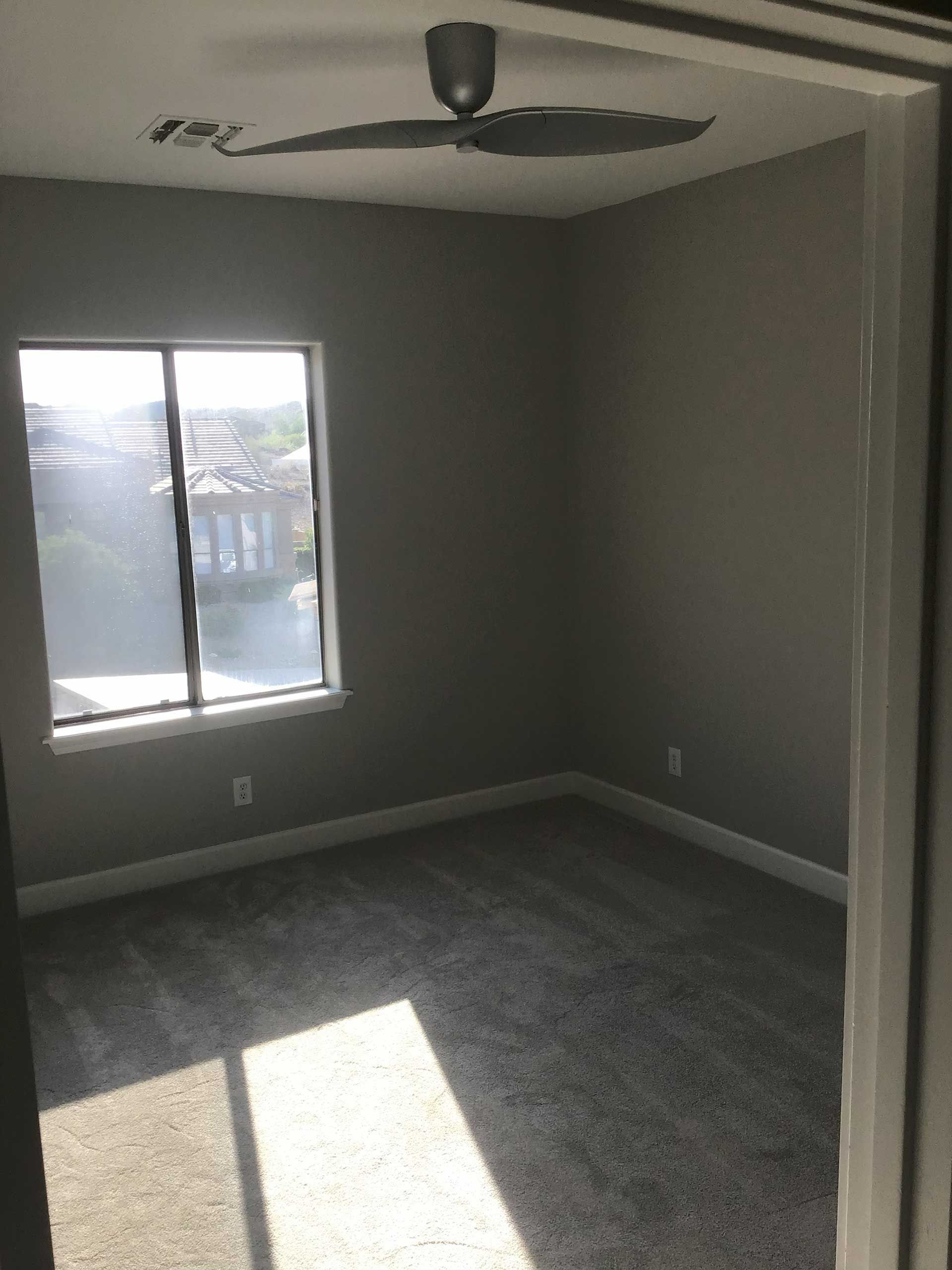 empty room with gray walls, carpet, and a window letting in sunlight
