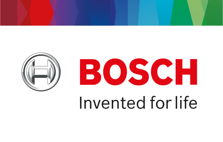 A close up of a bosch logo on a white background.