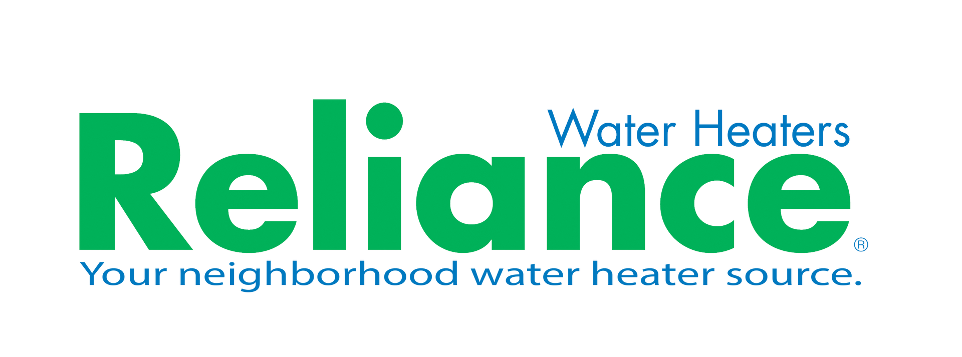 The reliance water heater company logo is green and blue.