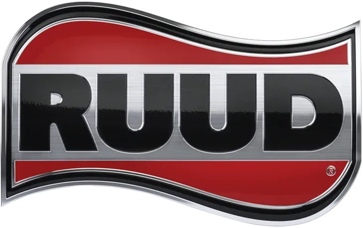 A red and black logo for ruud on a white background.