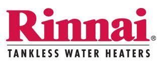 The logo for rinnai tankless water heaters is red and black.