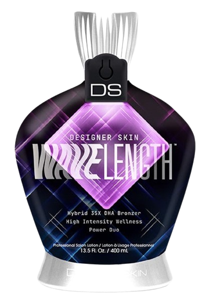 Bottle of Designer Skin Wavelength tanning lotion with a purple and blue design.
