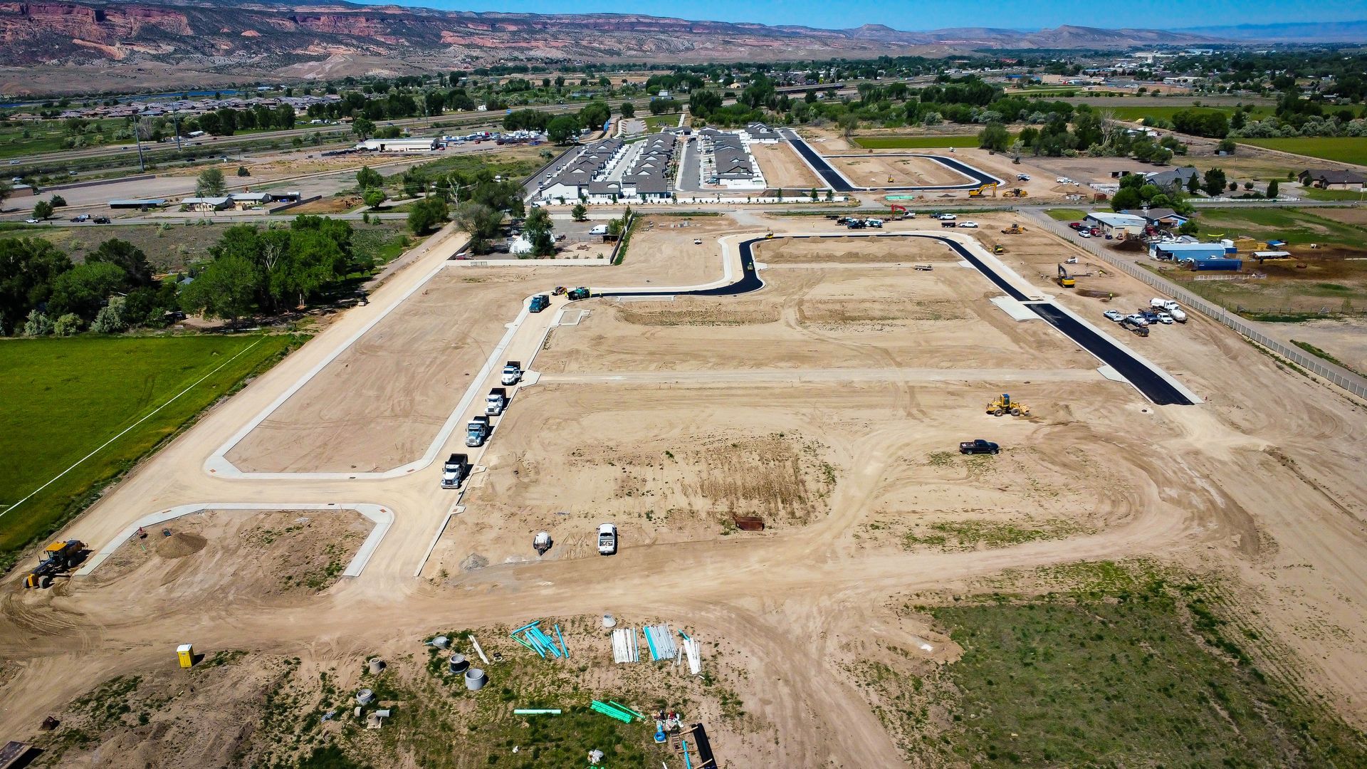 An aerial view of a residential development under construction.