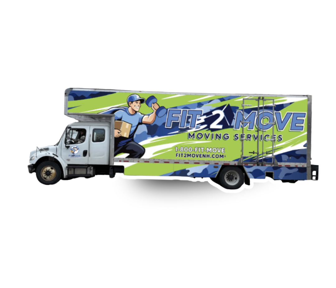 A white moving truck with a green and blue graphic featuring a person lifting a box and dumbbell with the text 