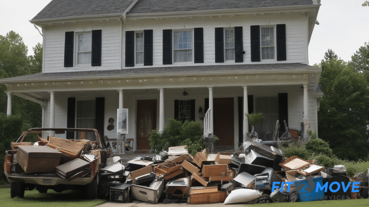 A large pile of discarded items in front of a two-story white house. A pickup truck is partially loaded with more trash.