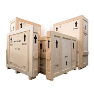 Wooden shipping crates with up arrows and fragile labels.