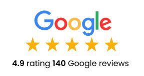 Google logo with five gold stars and