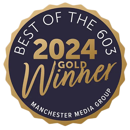 Best of the 603 Gold Winner 2024 badge. Dark blue circle with gold text and trim from Manchester Media Group.