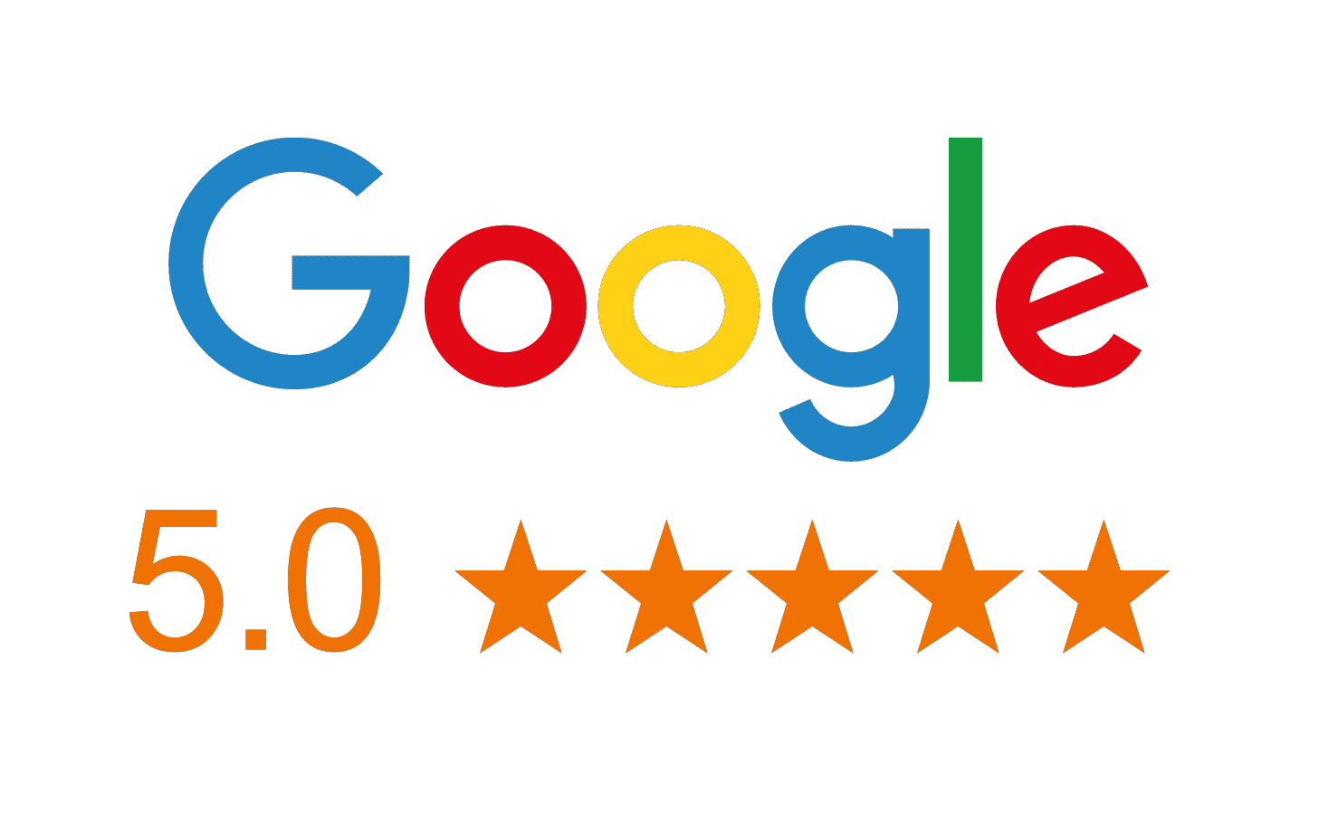 Google logo followed by a 5.0 rating with five orange stars.
