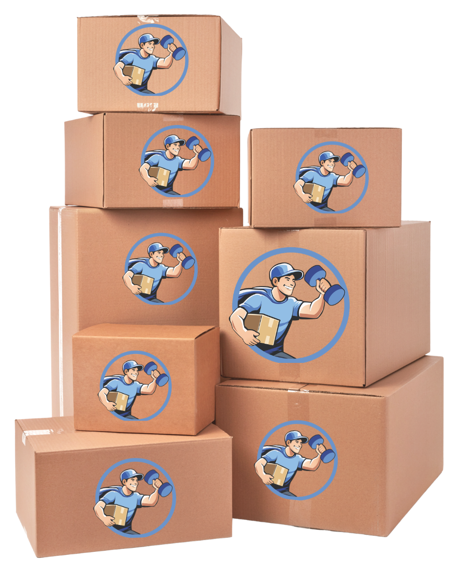 A stack of seven brown cardboard boxes, each labeled with a circular logo of a person holding a box and a dumbbell.