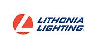 Lithonia Lighting logo with red geometric icon and blue text on white background