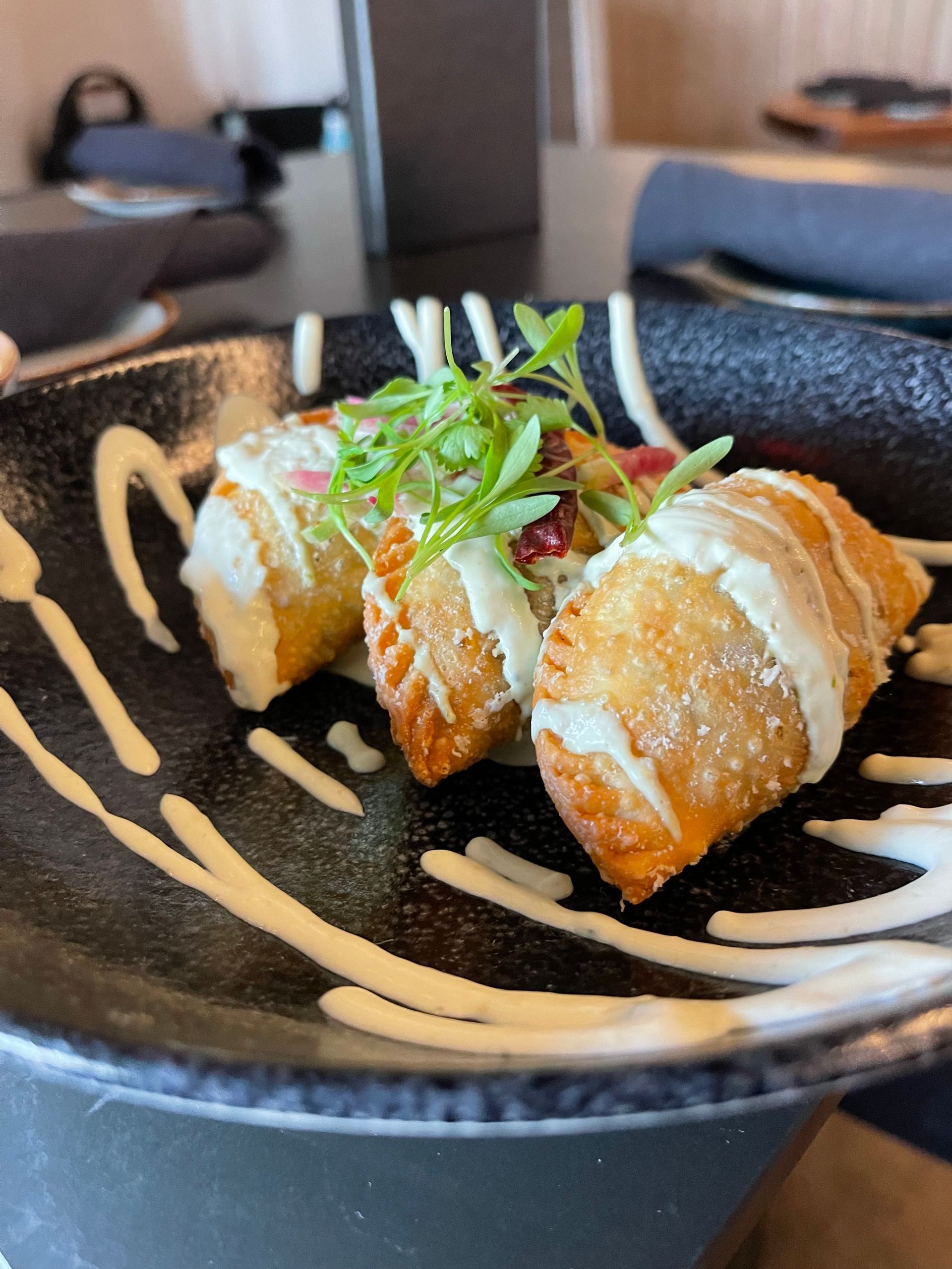A close up of a plate of food with sauce on it.