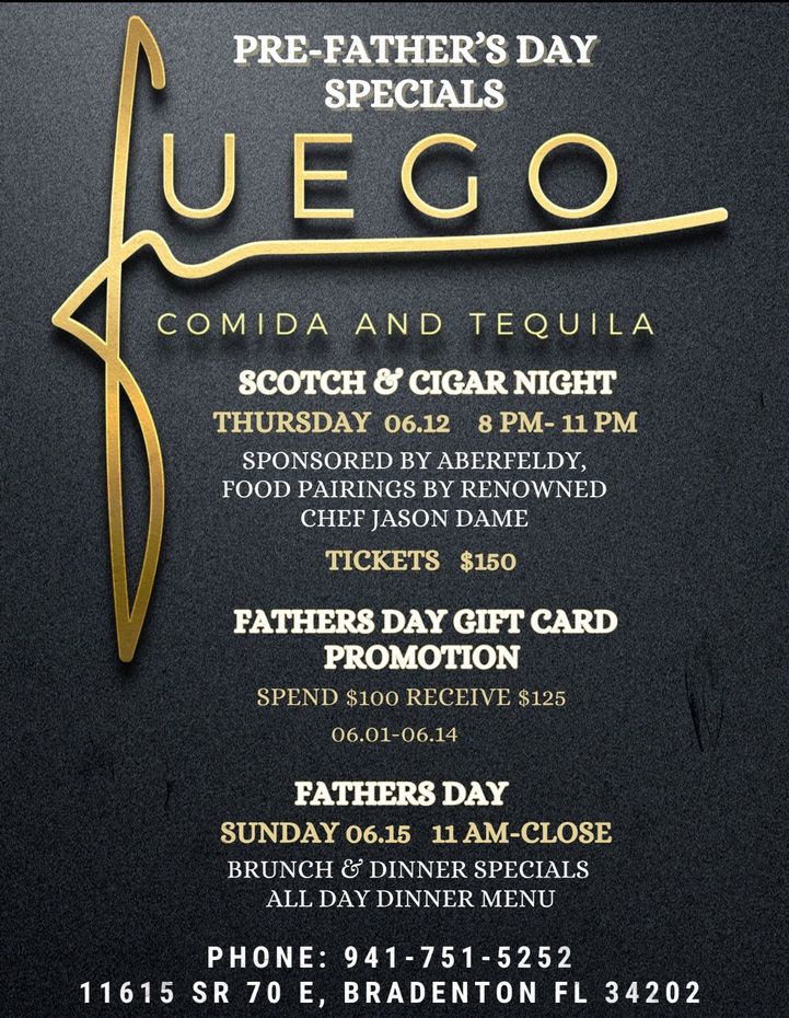 A black and gold advertisement for fuego comida and tequila
