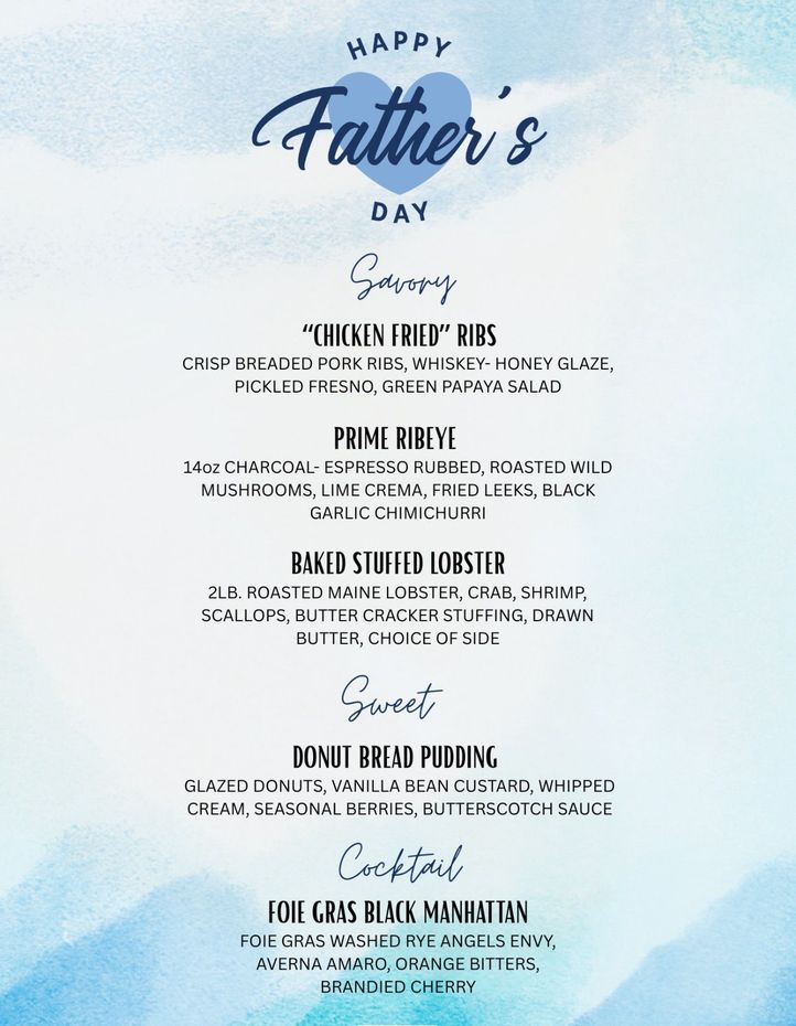 A menu for father 's day with a blue heart on it.