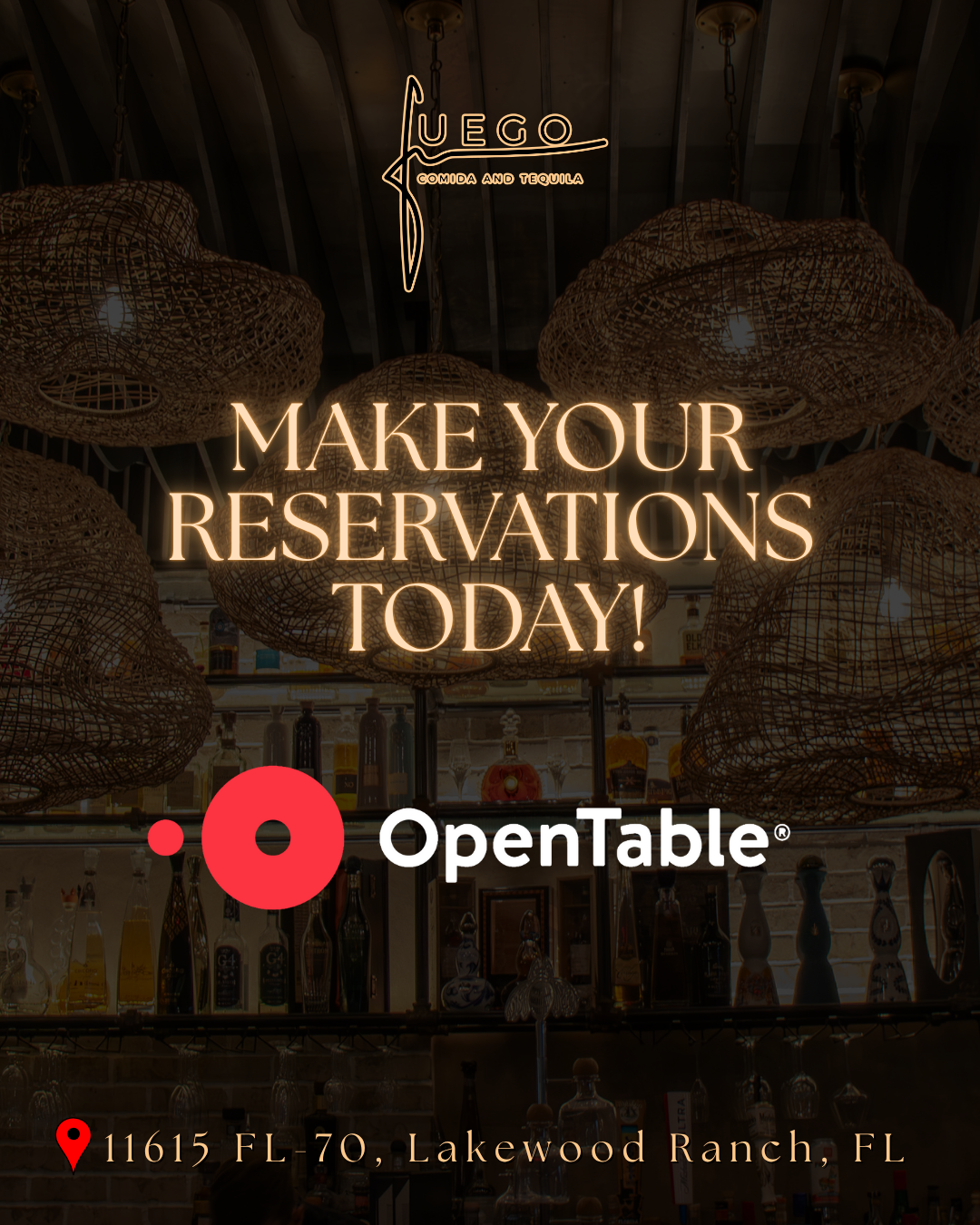Fuego restaurant ad. Urges reservations. OpenTable logo. Lakewood Ranch, FL address.