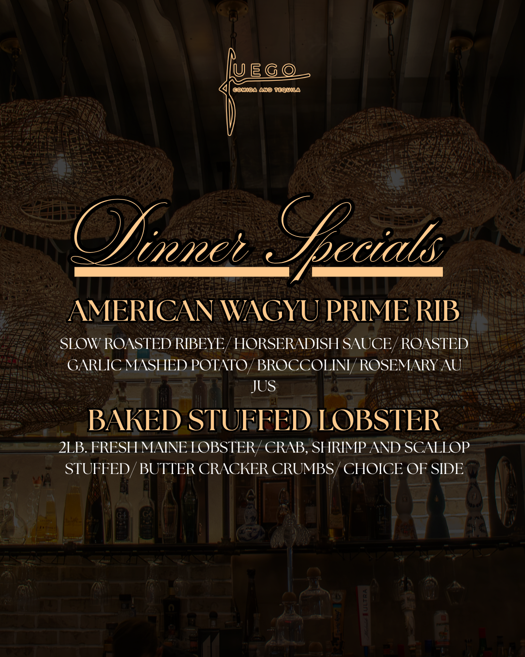 Menu for dinner specials: American Wagyu Prime Rib, Baked Stuffed Lobster. Dark background with overhead lighting.