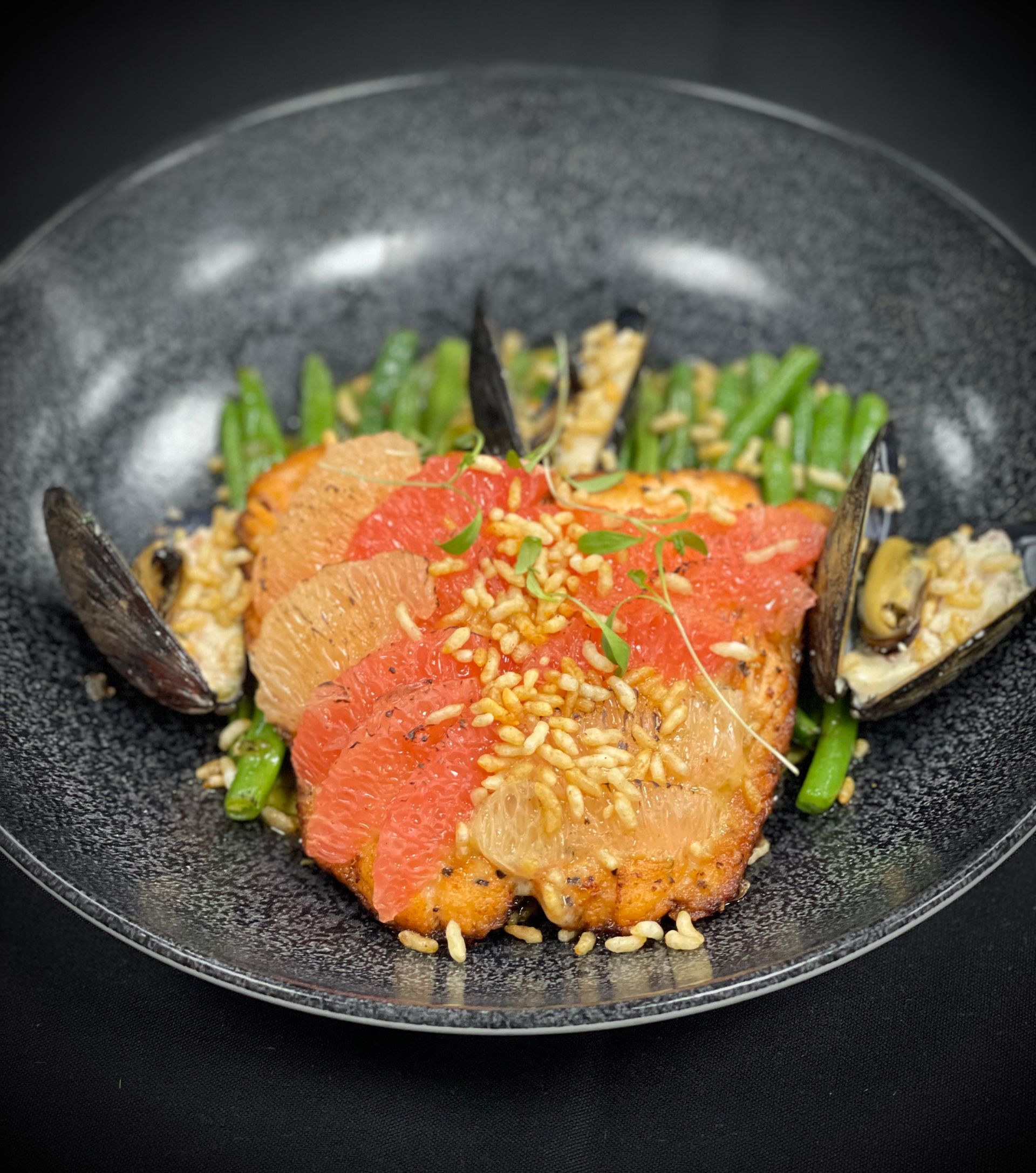 A close up of a plate of food on a table.