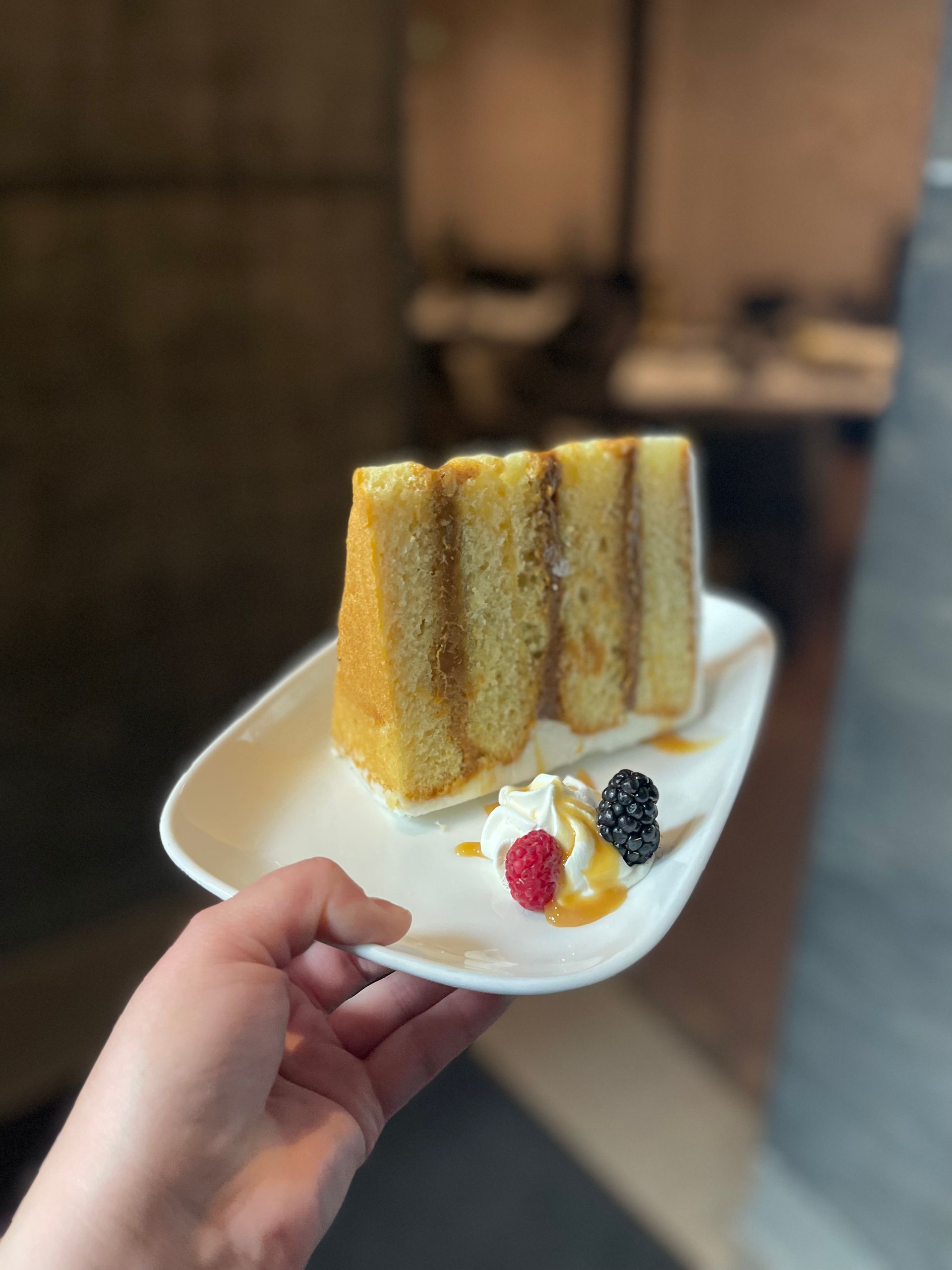 A person is holding a white plate with a slice of cake on it.