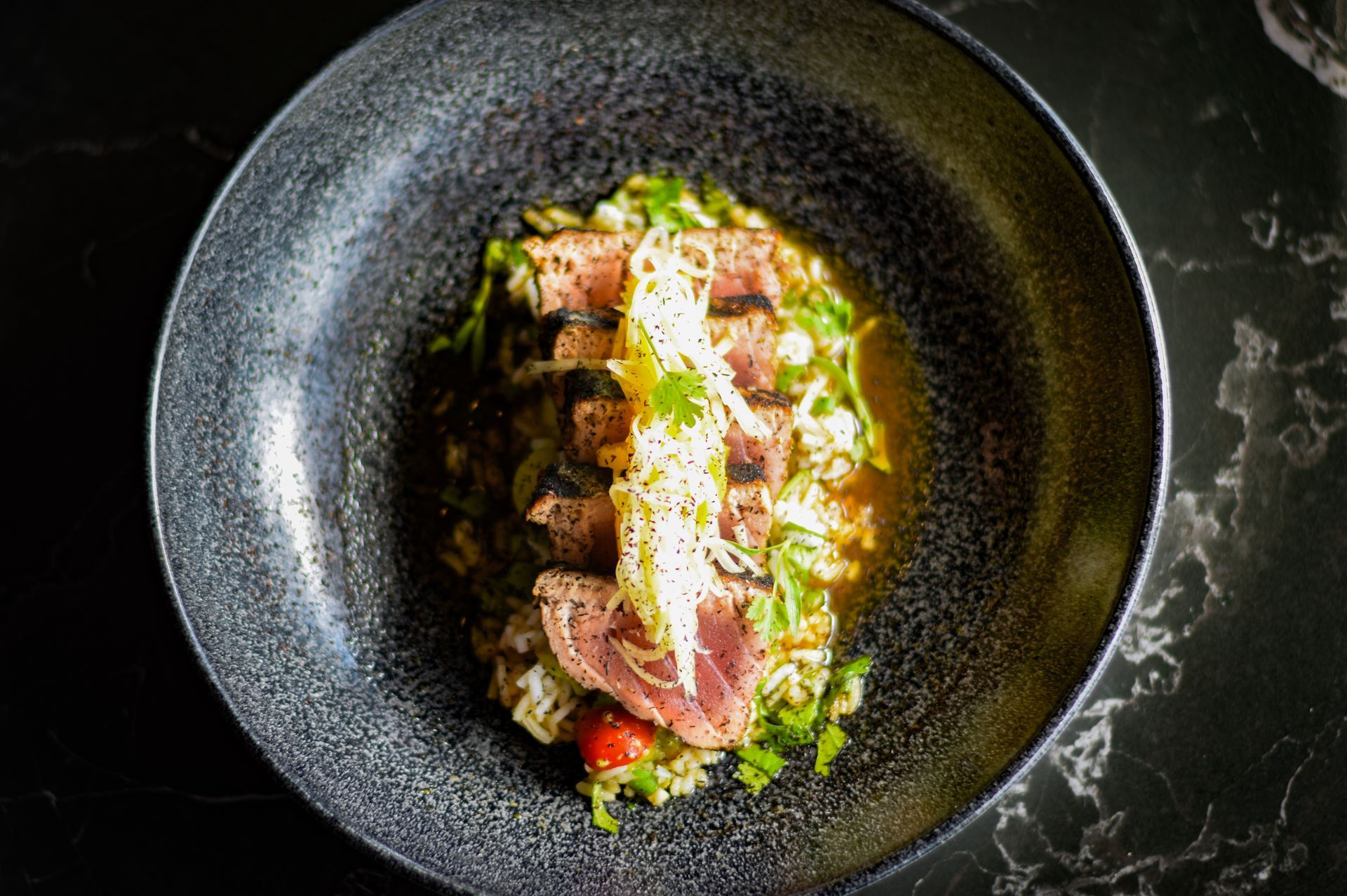 A close up of a plate of food on a table.