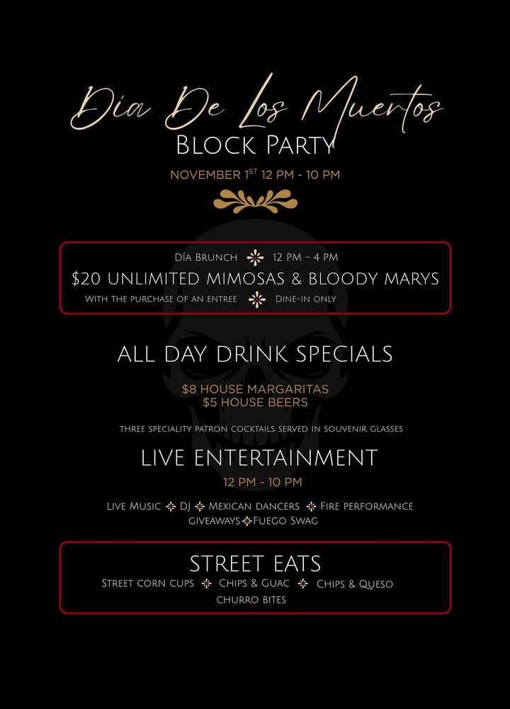 Black event flyer with gold script, red-bordered boxes, and details for a block party, live entertainment, and street eats