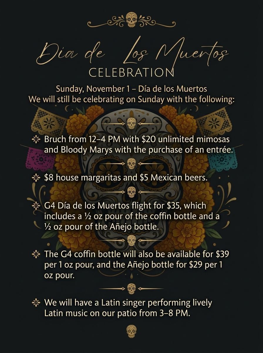 Elegant dark floral event flyer with gold text announcing a Día de los Muertos celebration and menu specials.