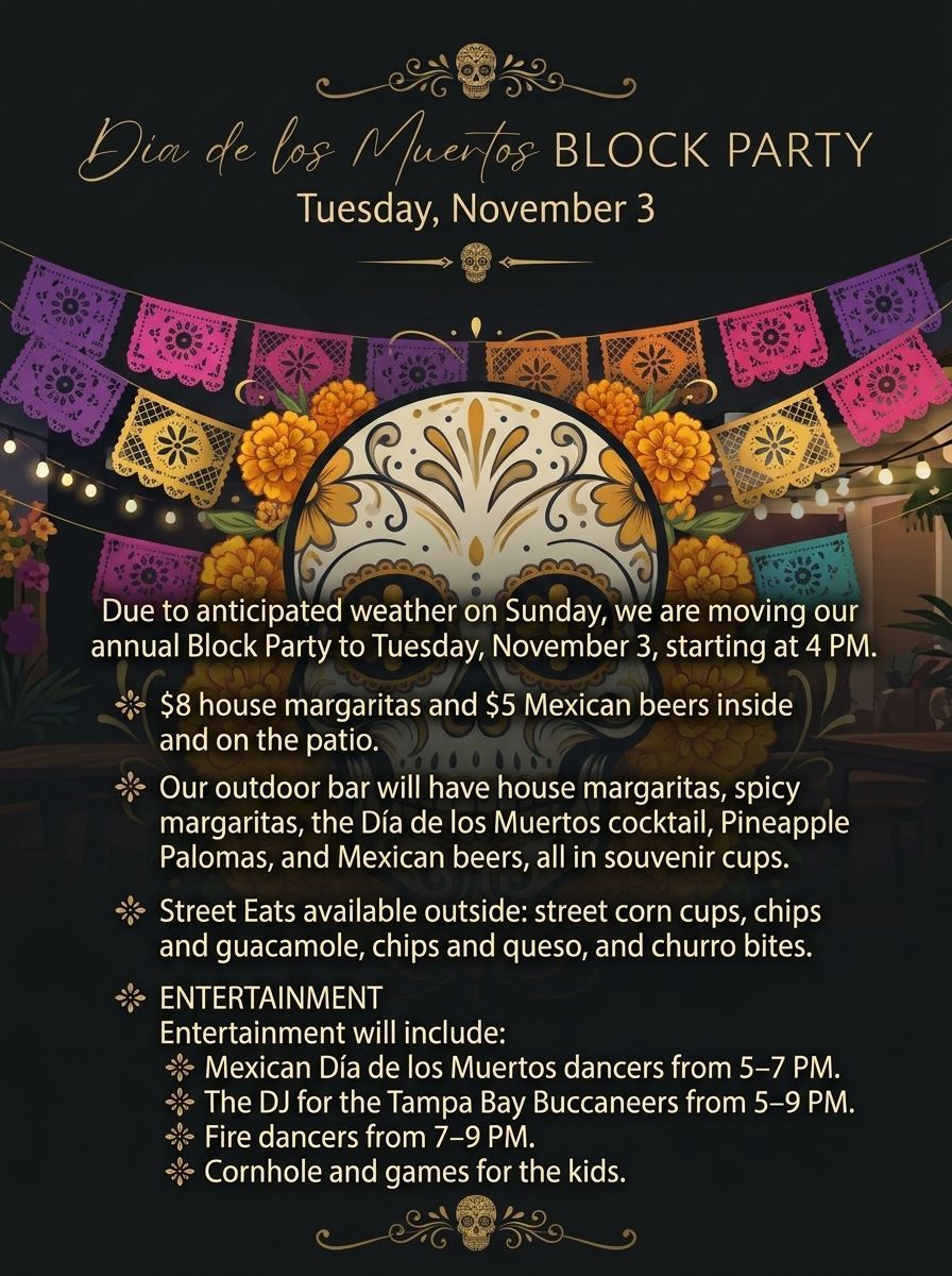 Block party flyer with colorful papel picado banners, date, and event details on a dark background