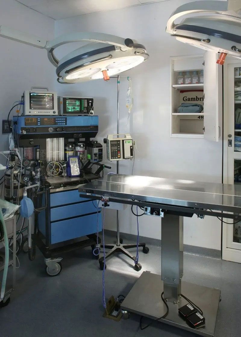 Operating room with surgical table, overhead lights, and medical monitors.