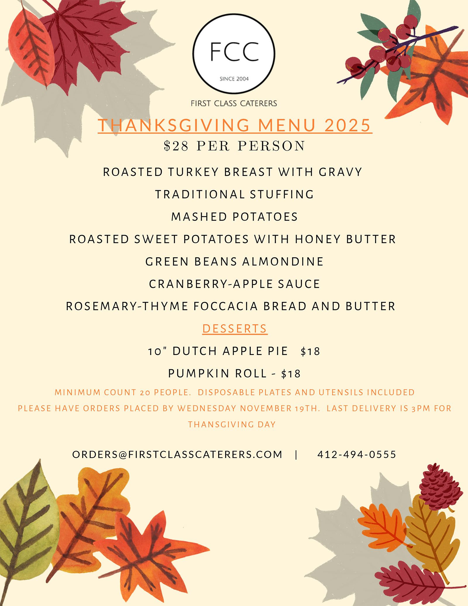 First Class Caterers - Thanksgiving menu