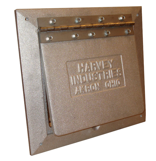Silver metal access panel with a hinged door, manufactured by Harvey Industries in Akron, Ohio.