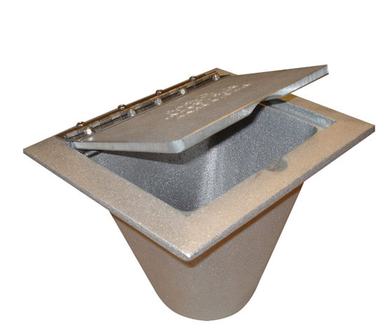 A silver, open electrical floor box with a hinged lid. The box has a square top and conical body.