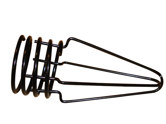 Black metal spiral feeder used for fishing, with a cone-shaped opening at the bottom.