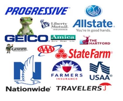 Progressive, Geico, Liberty Mutual, Amica, Allstate, The Hartford, The General Insurance, AAA, StateFarm, Nationwide, Farmers Insurance, USAA, Travelers