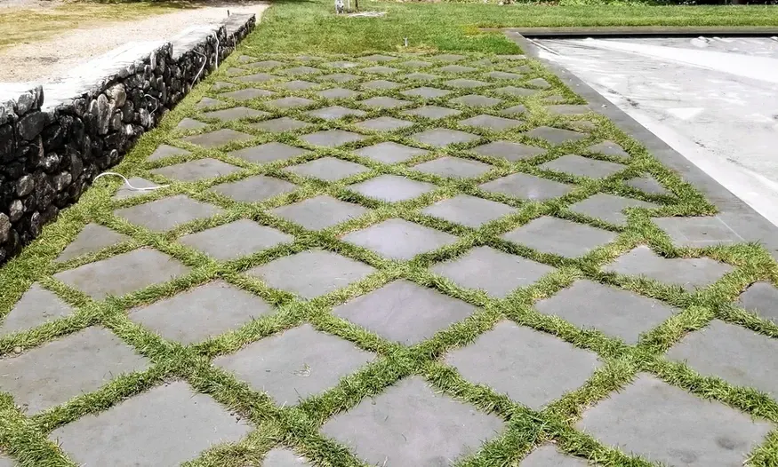 A walkway with grass growing on the side of it
