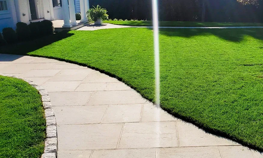 A walkway leading to a house with a lush green lawn