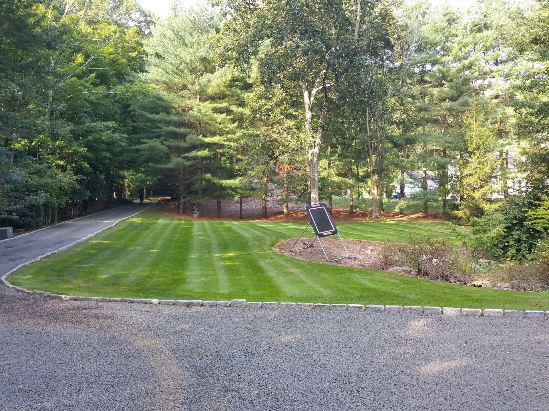 A driveway leading to a lush green lawn surrounded by trees.