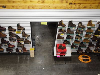 An aerial view of a shoe store filled with lots of shoes.