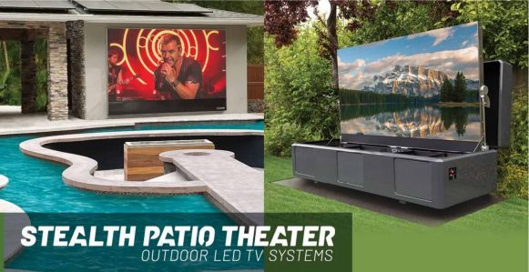 Backyard patio with hidden outdoor TV lift showing a movie and a retractable screen system