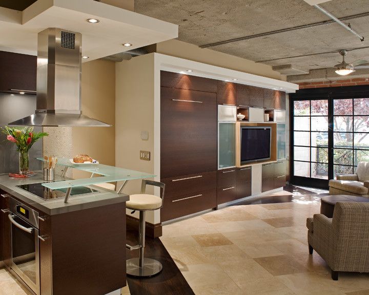 Modern kitchen and living room with dark brown cabinets, a stainless steel hood, and a built-in TV.