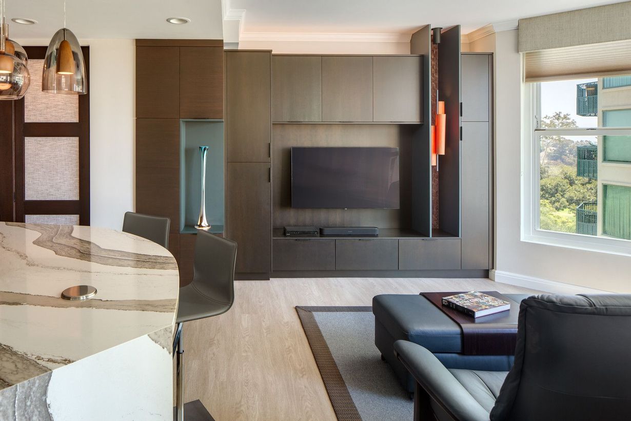 Modern living room with built-in dark wood cabinets, TV, and curved marble countertop.