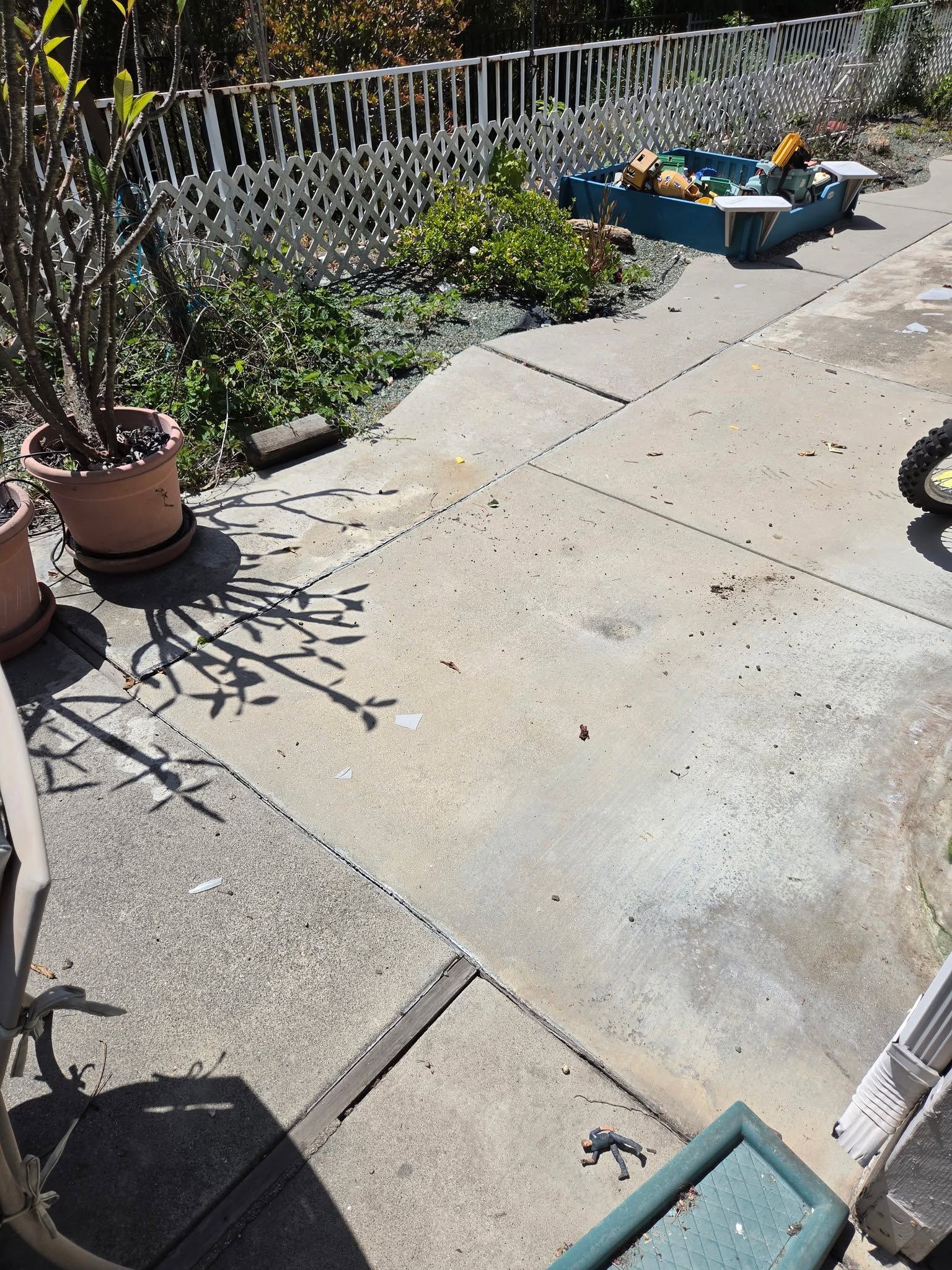 Sunlit backyard patio with potted plants, a chain-link fence, and cracked concrete paving.