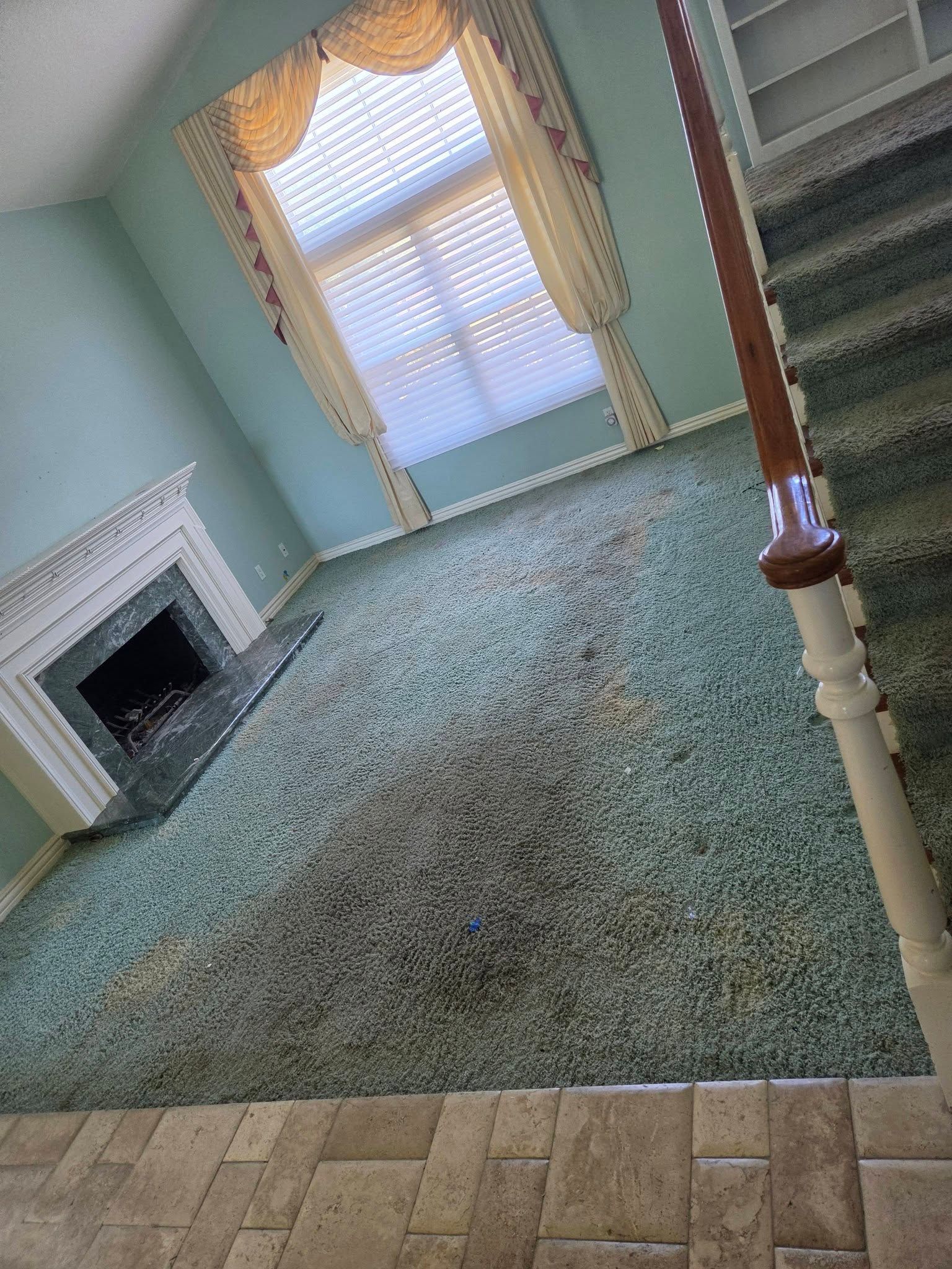 Empty living room with mint green walls, fireplace, patterned carpet, and a window with curtains.