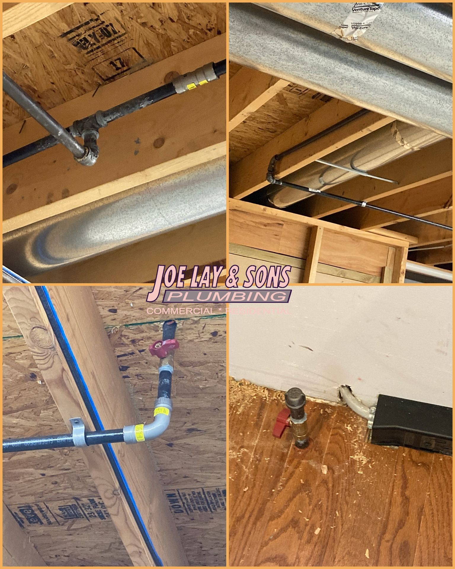 Collage of plumbing work showing pipes, valves, and gas lines in a ceiling, and near a wall.