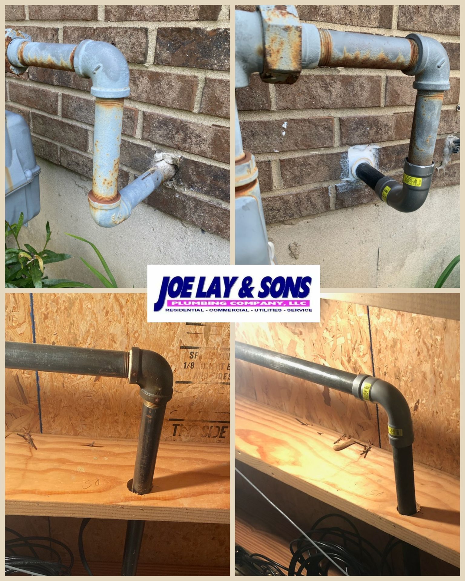 Four photos: corroded gas pipes replaced with black pipes. Old pipes outside brick; new inside wood.