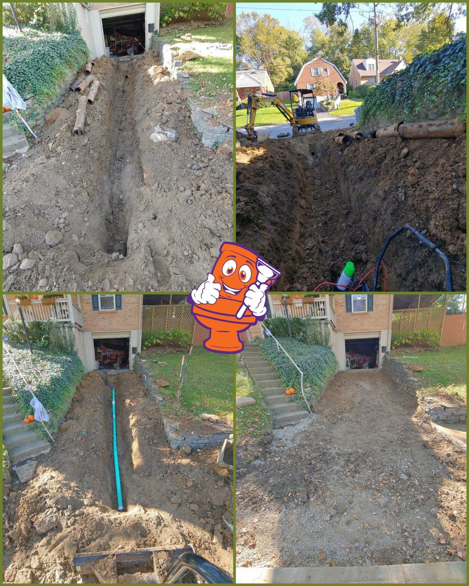 Four-panel composite showing a trench dug for plumbing work near a house.