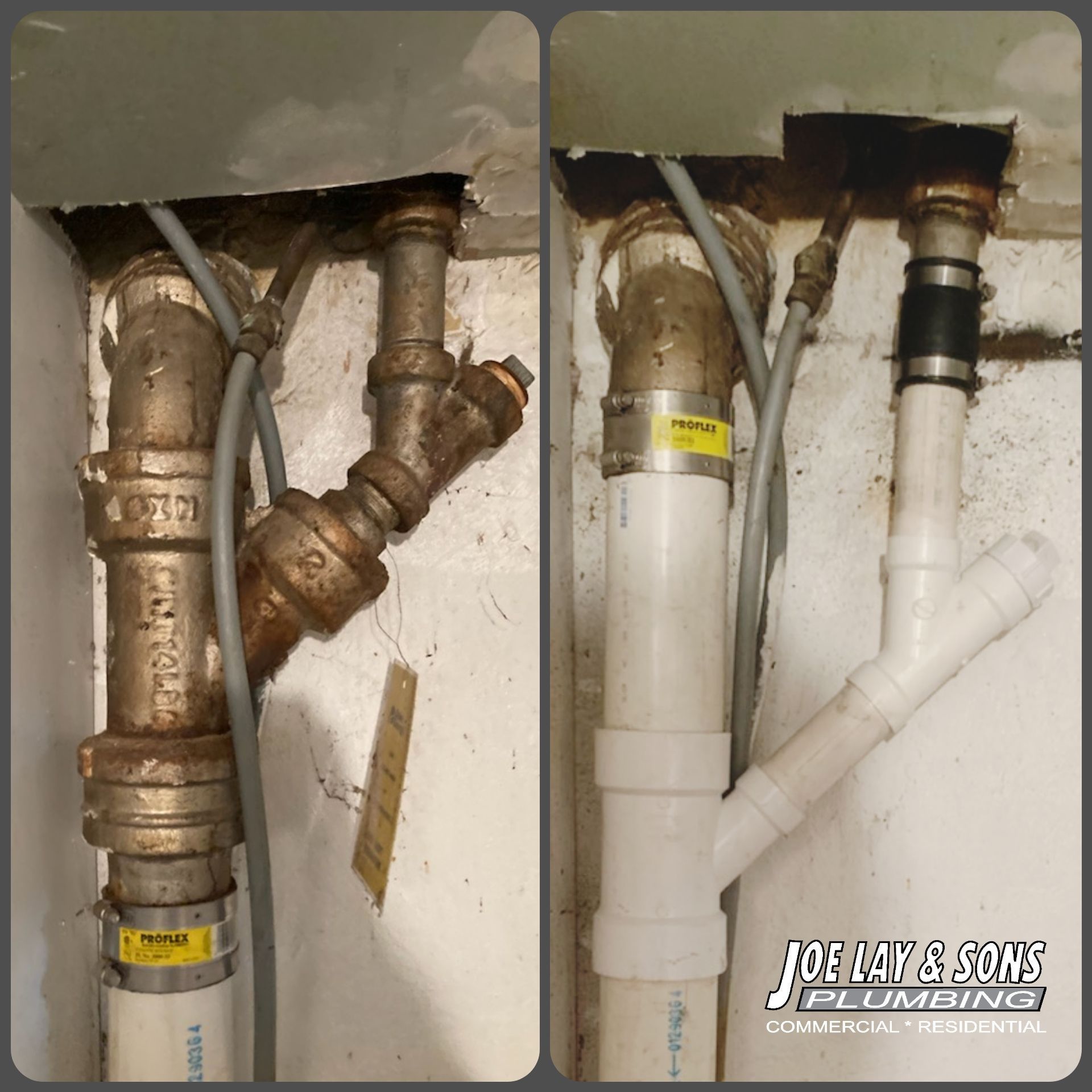 Plumbing before and after repair. Old metal pipes replaced with new PVC pipes.