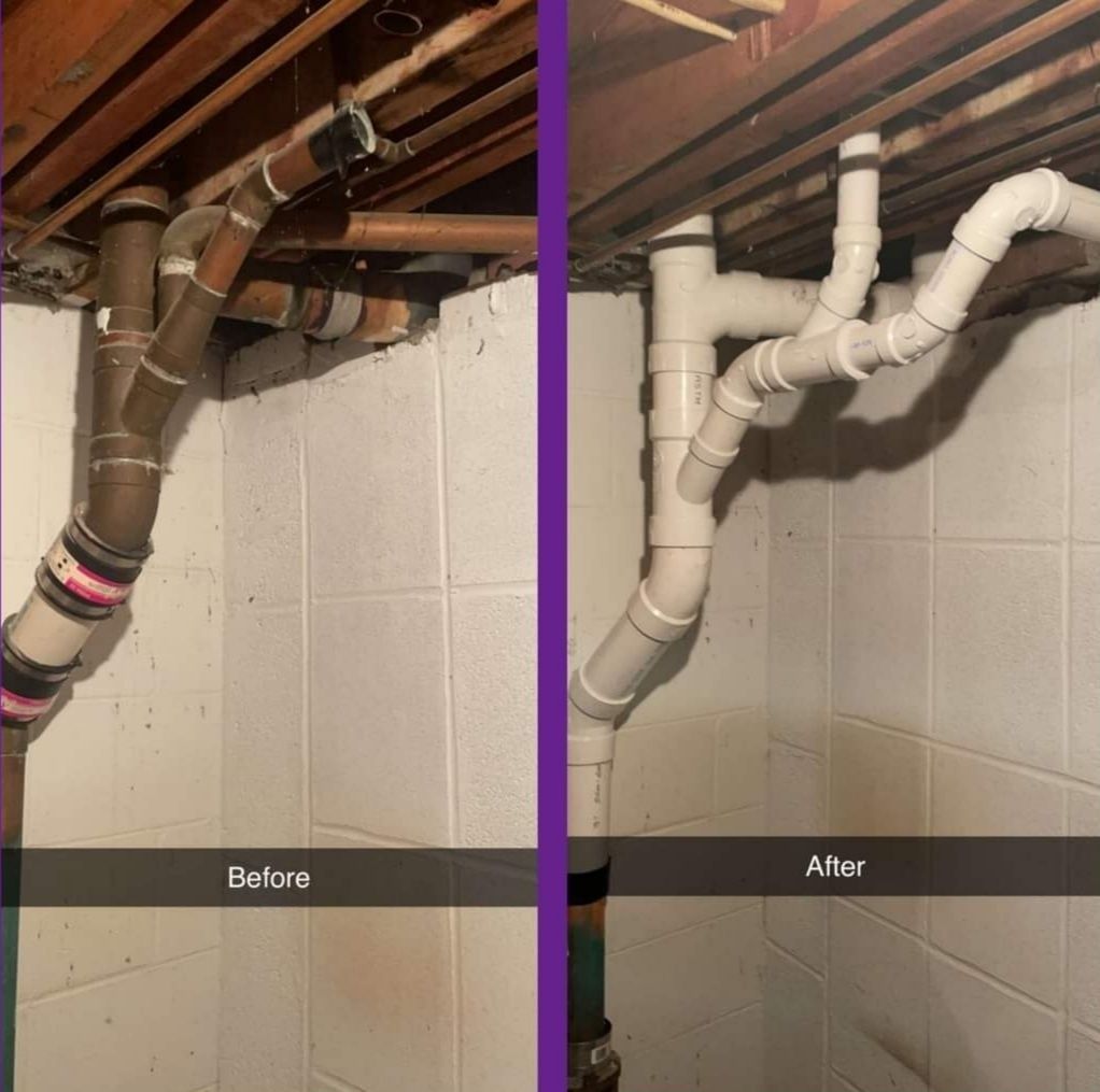 Comparison of plumbing pipes before (dark) and after (white) in a basement setting.