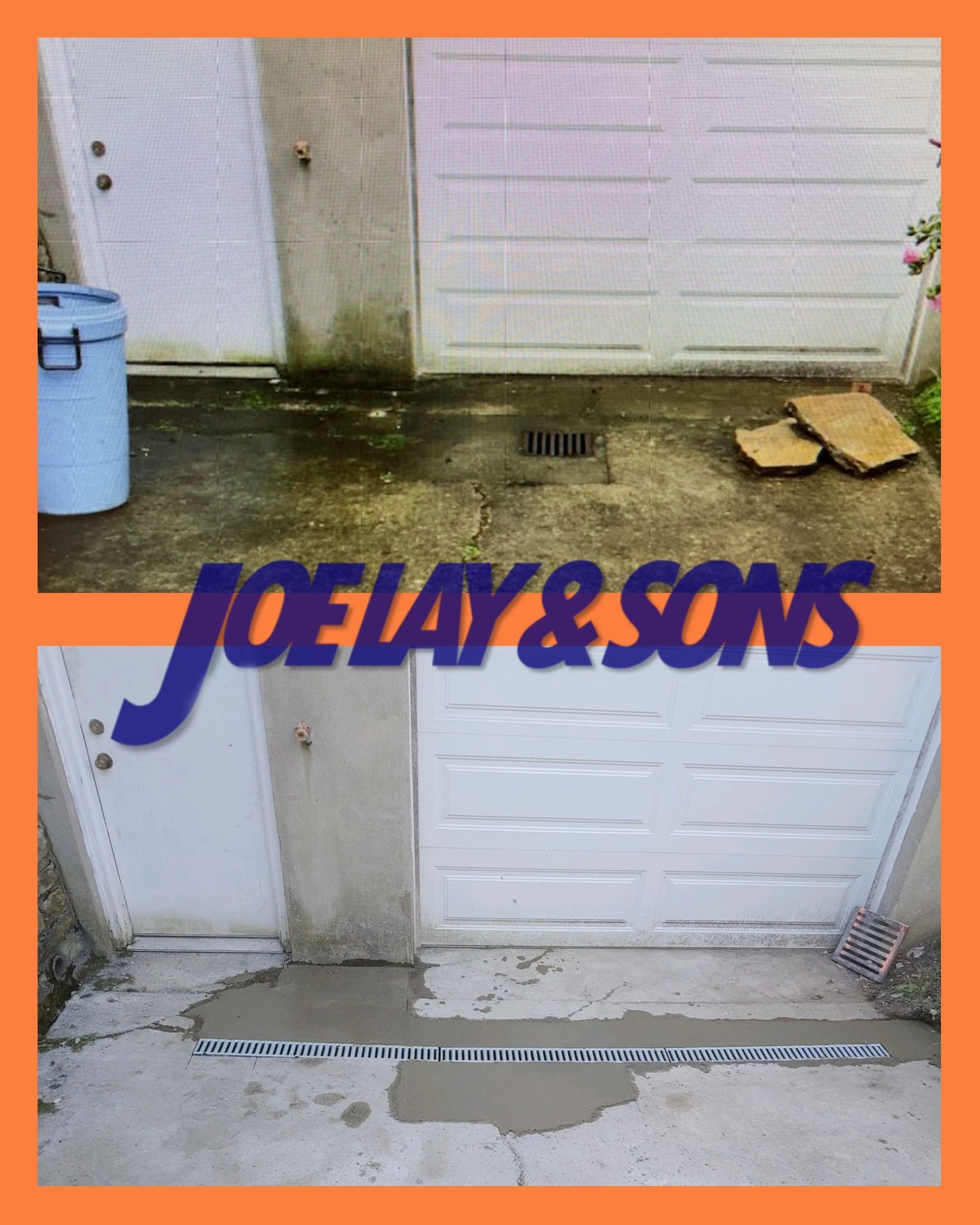 Before and after of a concrete repair. Includes a garage door, drain, and a blue trash can.