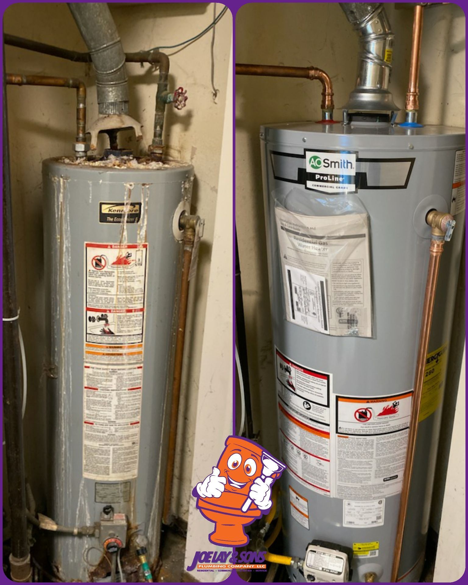 Comparison of an old and a new water heater in a basement. The old water heater is to the left, and the new one is to the right.
